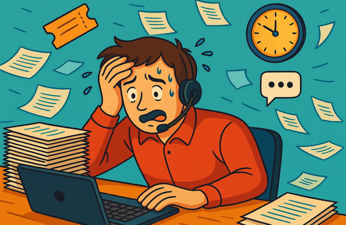 IT-Support Agent der überfordert ist aufgrund fehlender Hilfsmittel