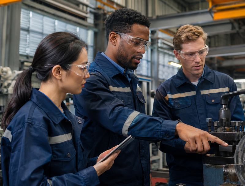 Mitarbeitende in der Fertigung planen Serviceprozesse mit ITSM und ESM Software