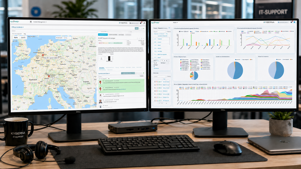 IT Service Management (ITSM) Software ky2help mit zwei Anzeigen/Dashboards auf zwei Bildschirmen in einem IT-Support Office. IT Service Management (ITSM) Software ky2help mit zwei Anzeigen/Dashboards auf zwei Bildschirmen in einem IT-Support Office.